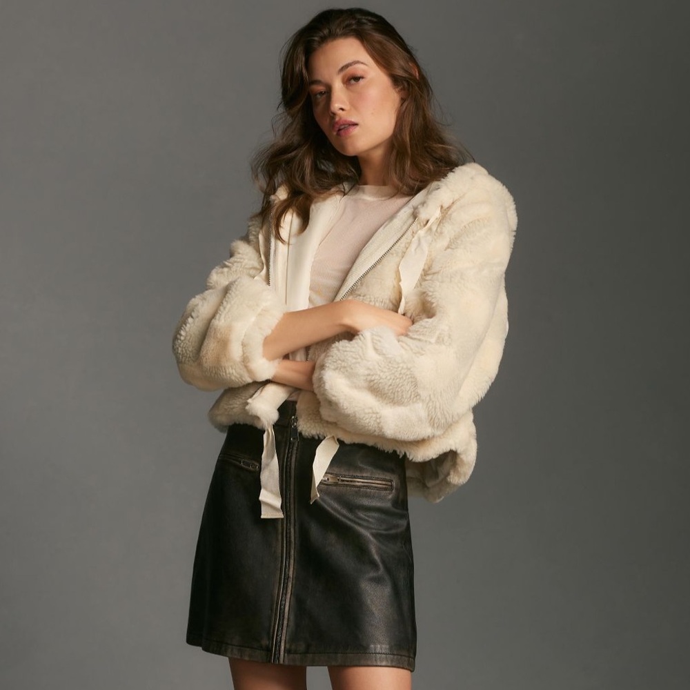 CROPPED FAUX FUR HOODIE CHECKERED JACKET / ANTHRO / SMALL